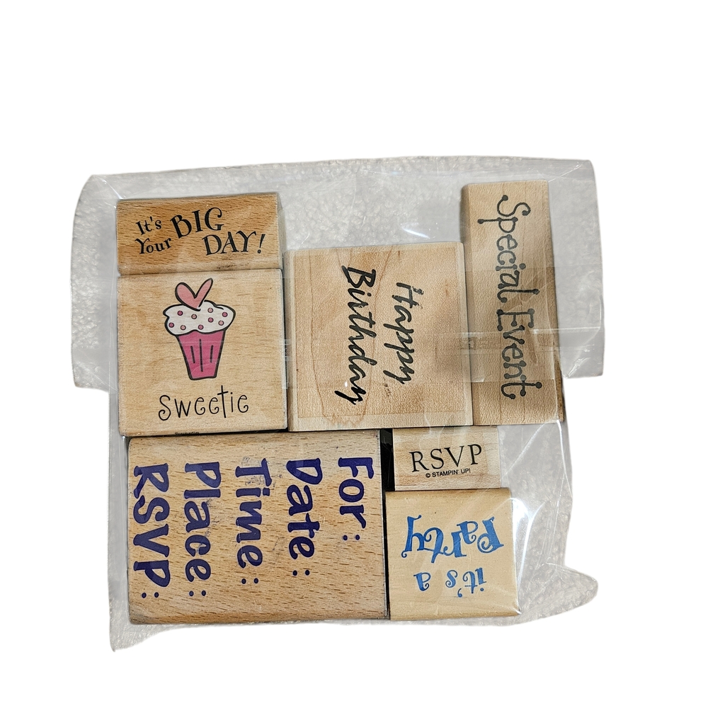Three Wooden Stamp Sets with Various Designs including Celebrations and Children